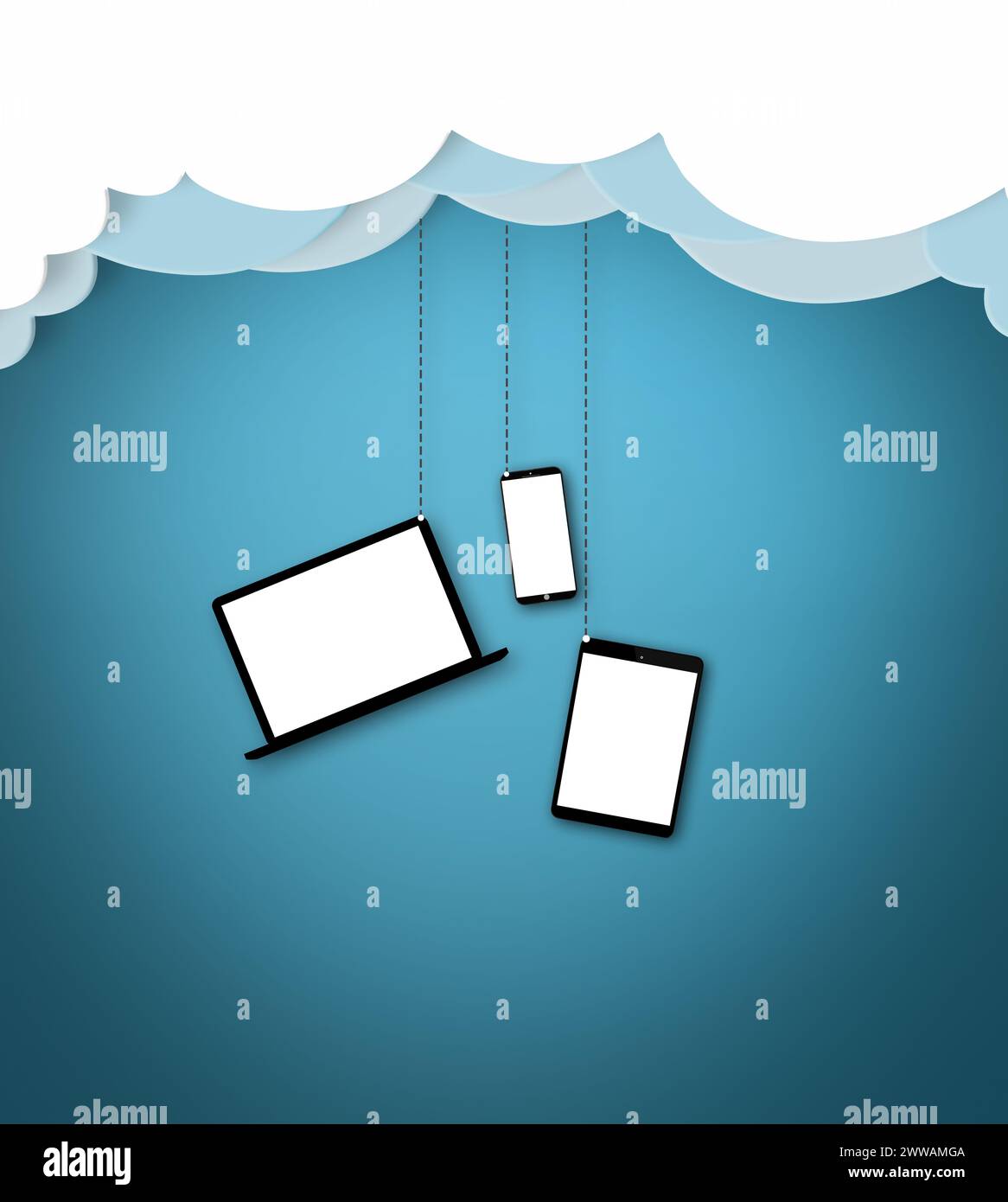 Technologie, Cloud-Computing und Netzwerk für die Verbindung mit Geräten zur Datenspeicherung oder Datenbank- und Software-Aktualisierung. Mockup, Gadget und Kommunikation Stockfoto