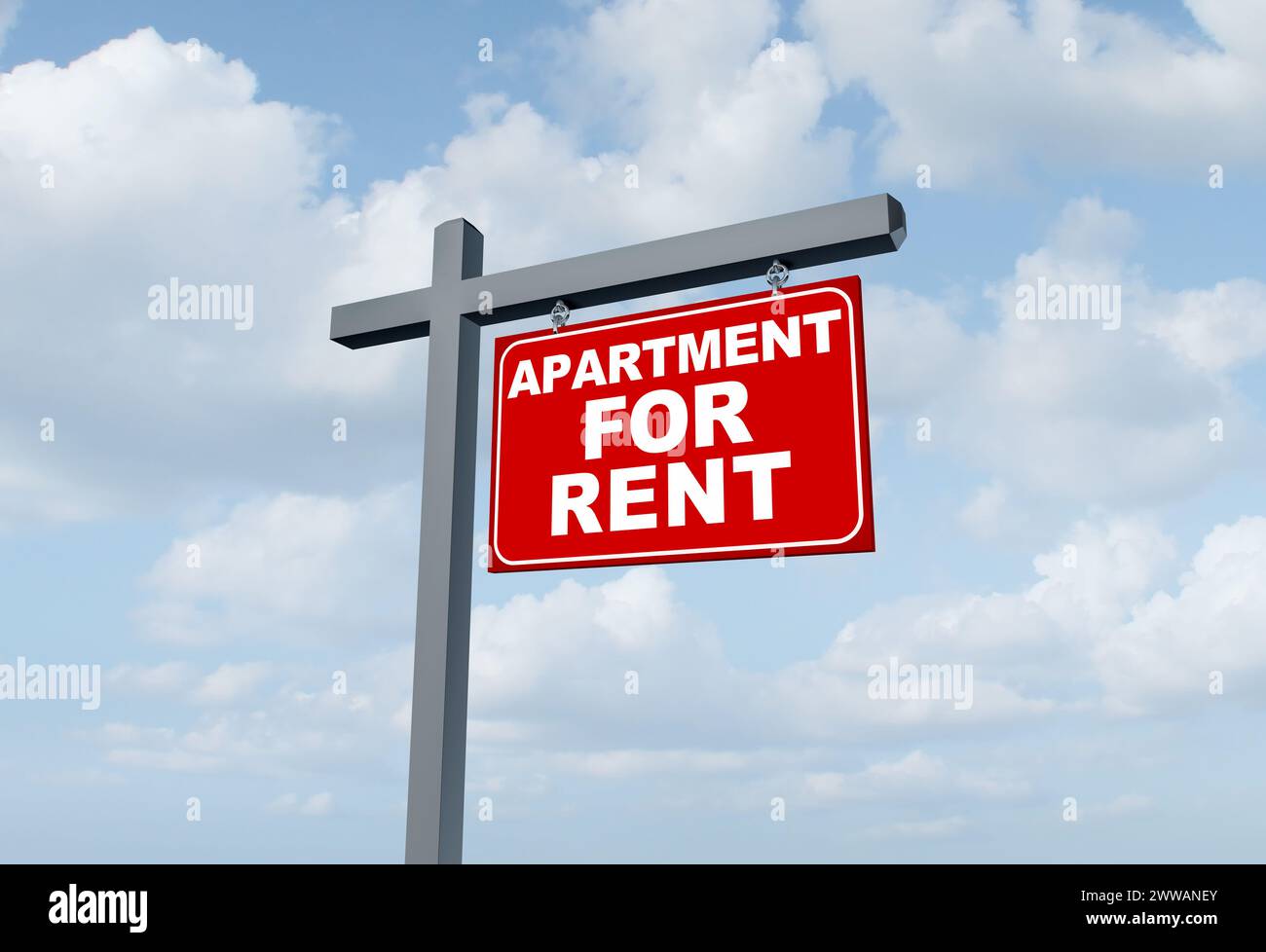 Apartment for Miet Schild als Real Estate Werbetafeln, die die Vermietung von Wohnungen oder Mieten durch Werbung mit einem Agenten oder Vermieter vermarkten Stockfoto