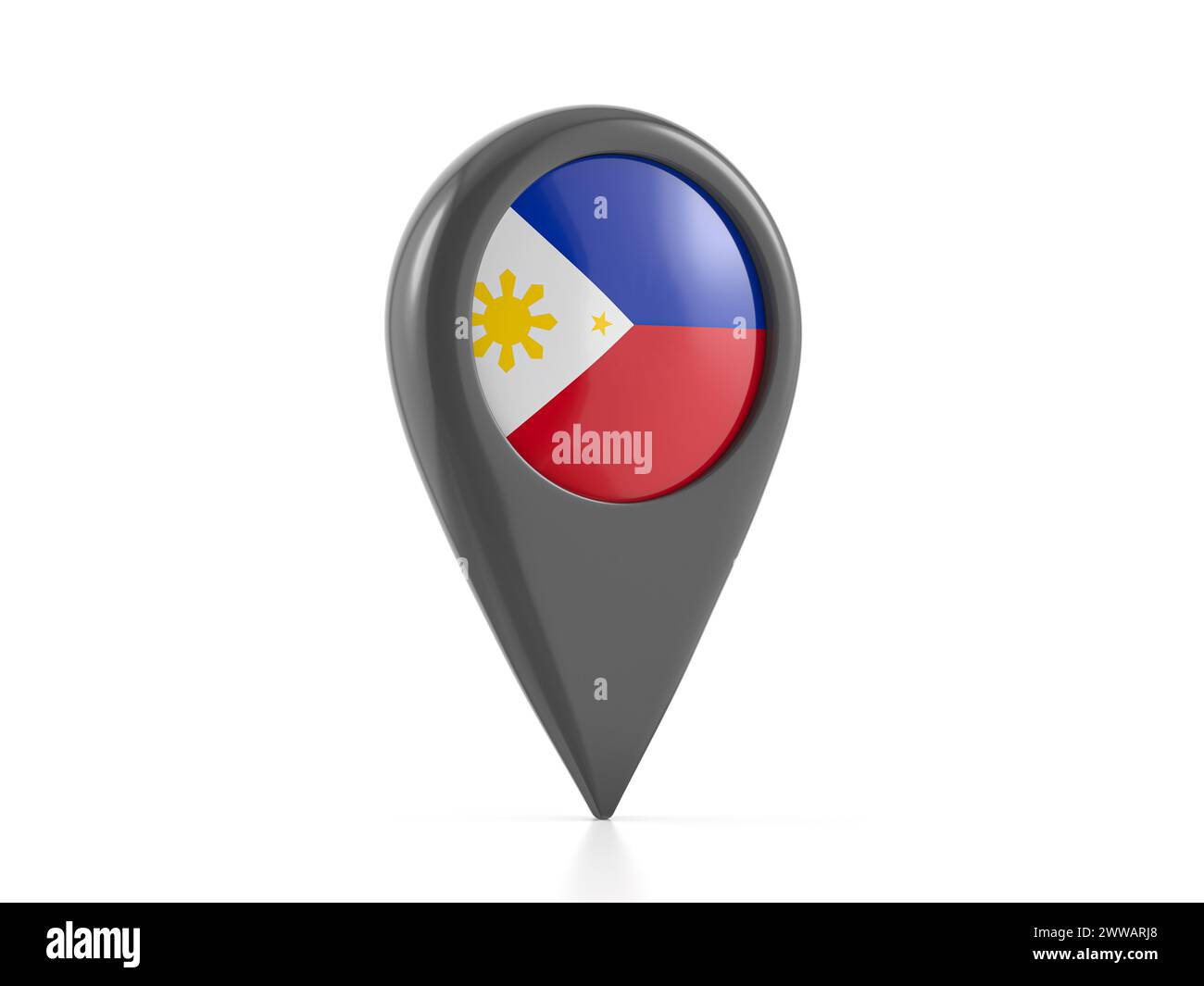 Kartenmarkierung mit philippinischer Flagge auf weißem Hintergrund. 3D-Abbildung. Stockfoto