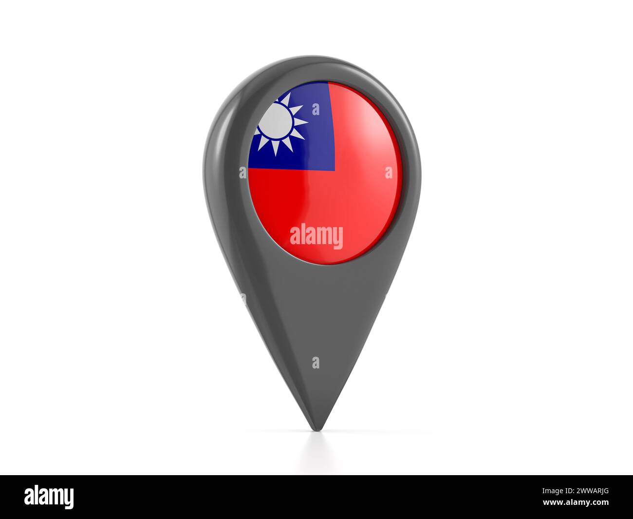 Kartenmarkierung mit Taiwan-Flagge auf weißem Hintergrund. 3D-Abbildung. Stockfoto