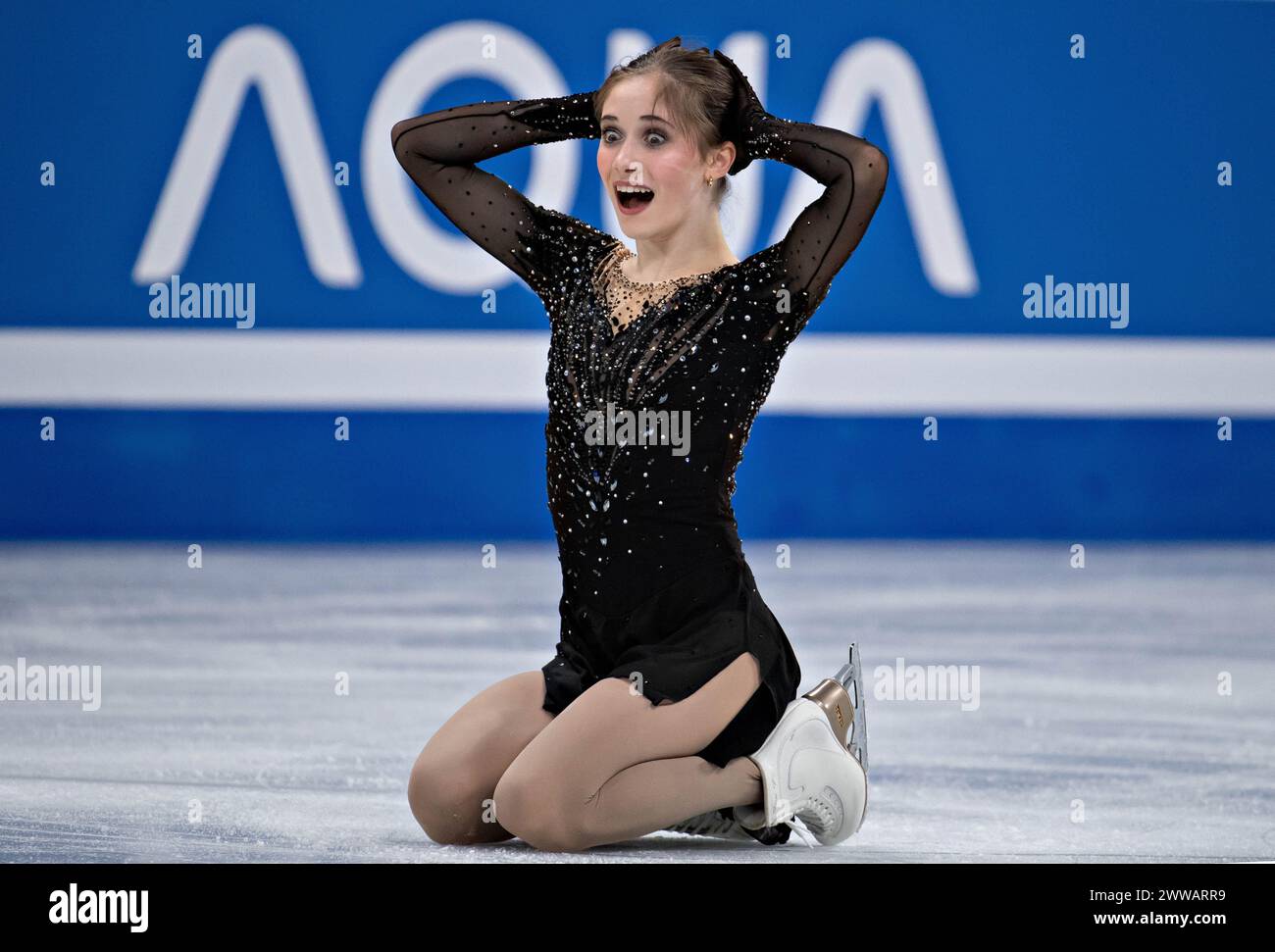 Montreal, Kanada. März 2024. Isabeau Levito aus den Vereinigten Staaten tritt am 22. März 2024 im Bell Centre in Montreal, Kanada, beim Freilauf der Frauen der International Skating Union (ISU) an. Quelle: Andrew Soong/Xinhua/Alamy Live News Stockfoto