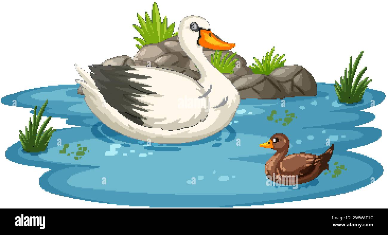 Vektor-Illustration von Enten in einem friedlichen Teich Stock Vektor