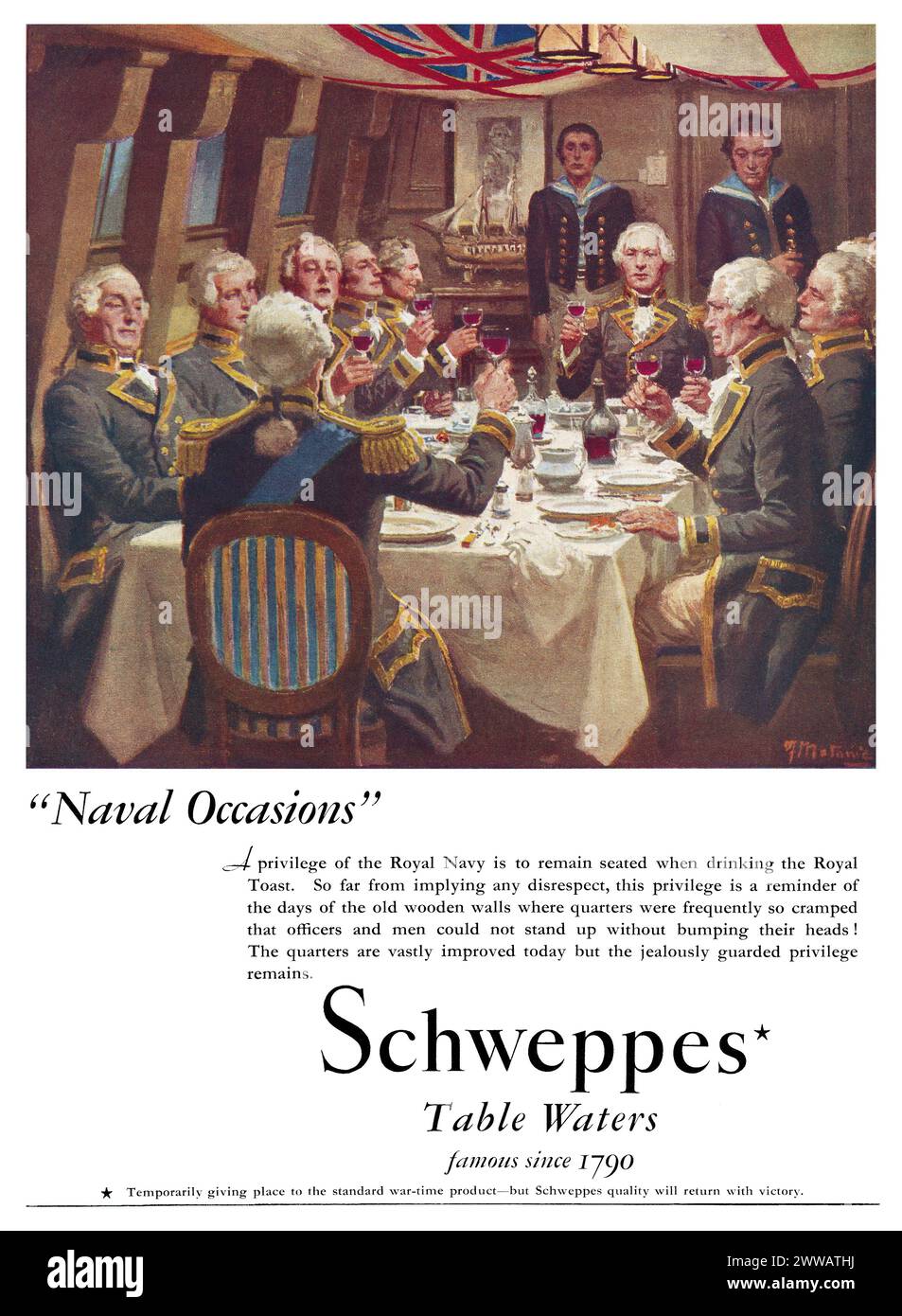 1944 britische Werbung für Schweppes Tafelwasser. Stockfoto