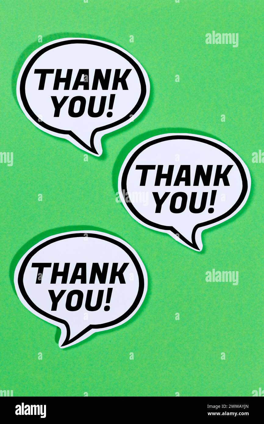 Vielen Dank Sprechblasen Kommunikation Geschäftskonzept Porträtformat grün Stockfoto