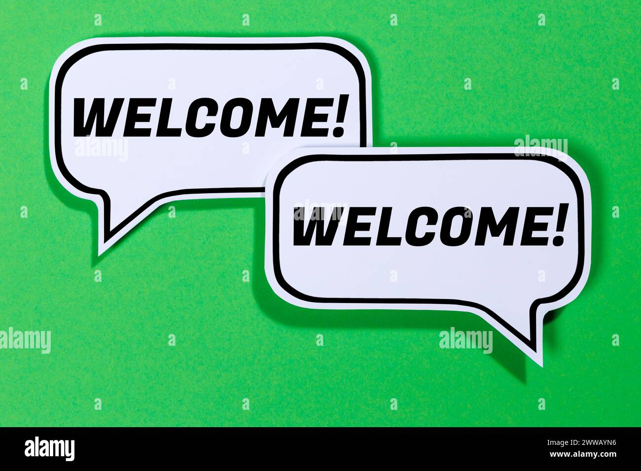 Willkommen Gastfreundschaft Sprechblasen Kommunikationskonzept Sprechen Sprechen grün Stockfoto