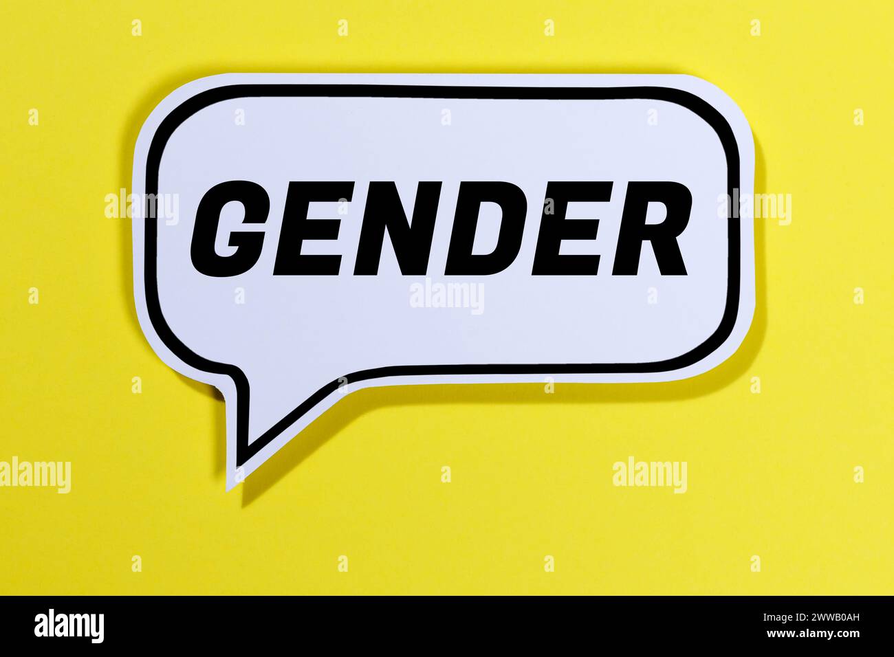 Geschlecht als Symbol für geschlechtsgerechte Sprache im Sprachblasenkommunikationskonzept gelb Stockfoto