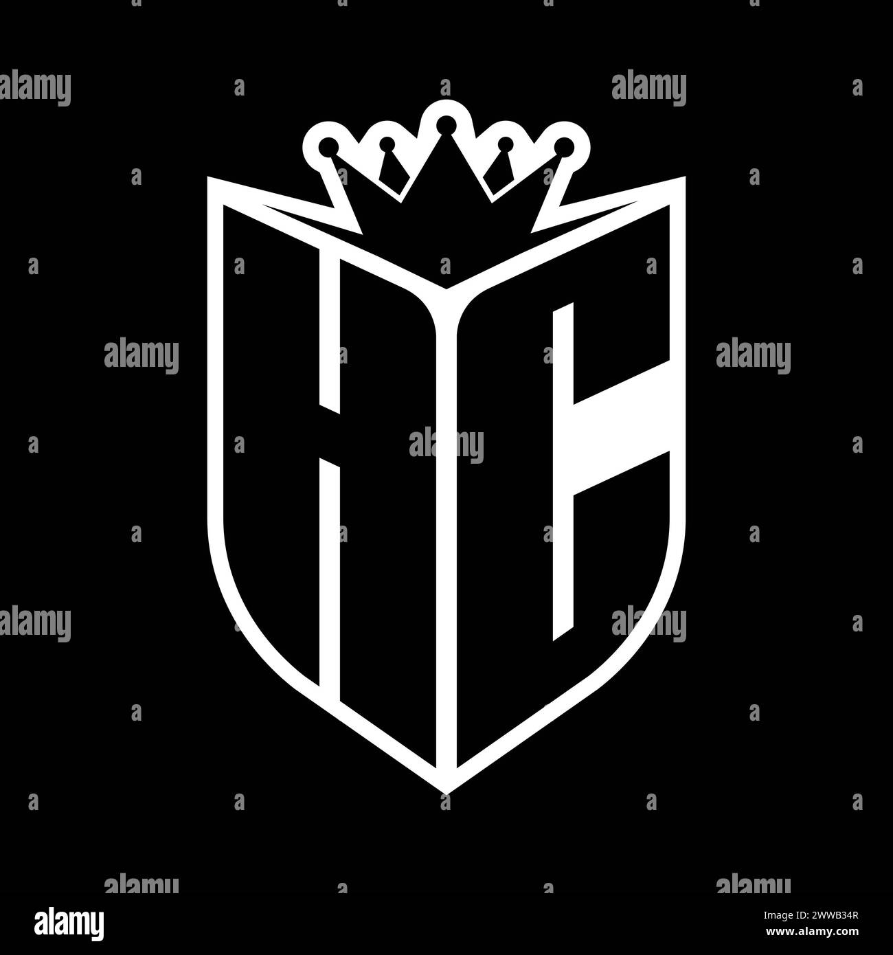 Auffälliges Monogramm mit HC-Letter in Schildform und scharfer Krone im Schild in Schwarz-weiß-Farbe Stockfoto