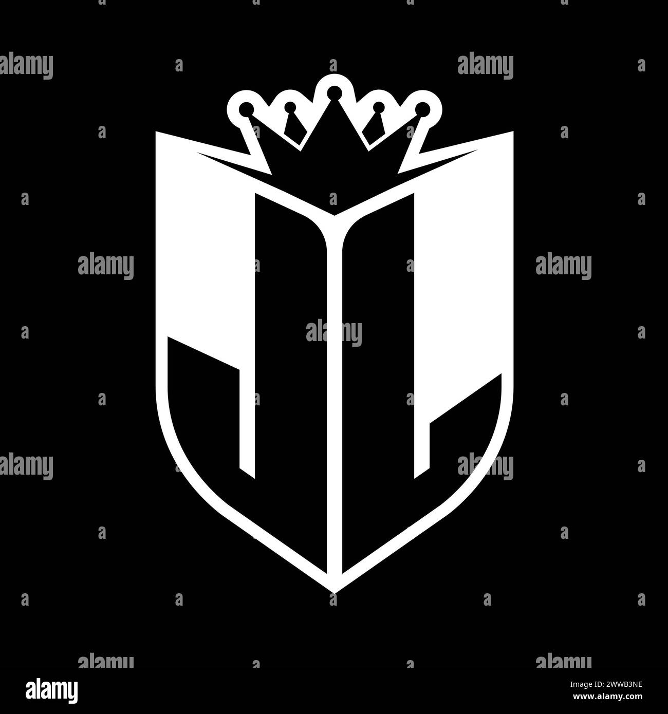 Auffälliges Monogramm JL Letter mit Schildform und scharfer Krone im Schild in schwarz-weißer Farbvorlage Stockfoto