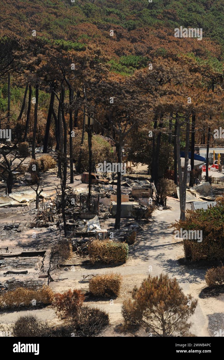 Campingplatz Flots Bleus in der Nähe der Düne du Pilat in der Stadt Teste de Buch, die durch den Brand im Juli 2022 zerstört wurde. Stockfoto