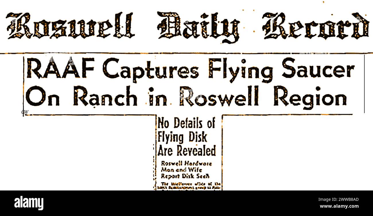Roswell-Vorfall, Juli 1947, fliegende Scheibe erfasst im Roswell Daily Record. Stockfoto