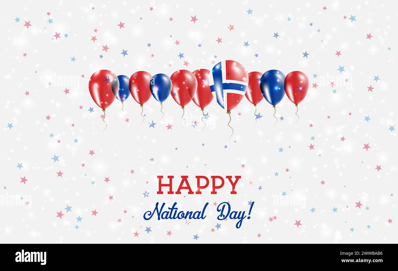 Svalbard Und Jan Mayen Unabhängigkeitstag Funkelndes Patriotisches Poster. Reihe von Ballons in den Farben der norwegischen Flagge. Grußkarte mit Nationalflaggen Stock Vektor