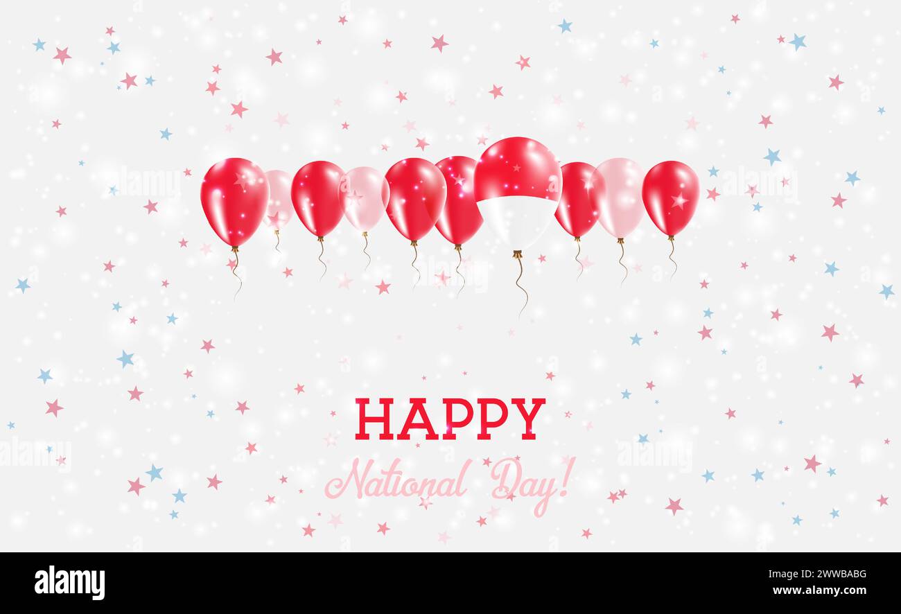 Funkelndes Patriotisches Poster Zum Unabhängigkeitstag In Monaco. Reihe von Ballons in den Farben der monegassischen Flagge. Grußkarte mit Nationalflaggen, Konfetti und Stock Vektor
