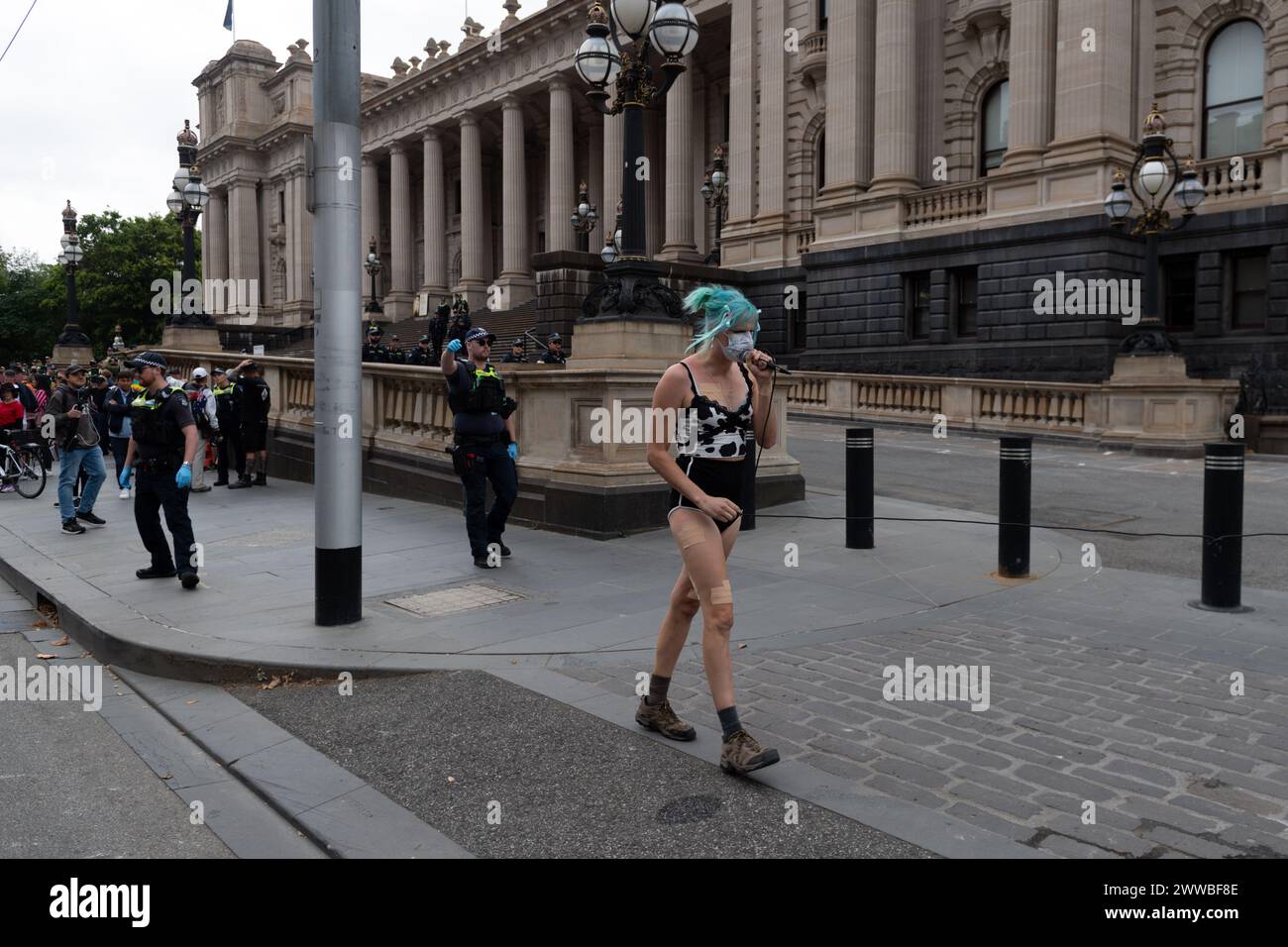 Ein Trans-Demonstrant wird während eines Anti-Trans-Protests und eines Gegenprotests von einer Gruppe von Anti-Trans-Protesten entfernt. Die Schritte des viktorianischen Parlaments werden Zeuge einer Kollision von Ideologien, während Anti-Trans-Demonstranten eine Plattform fordern, während linke Aktivisten vehement Widerstand leisten. Die Emotionen steigen in der aufgeladenen Atmosphäre auf, und die Polizeipräsenz wird verstärkt, um die Ordnung aufrechtzuerhalten. Die Polizei versuchte, Ordnung und Frieden aufrechtzuerhalten. Es wurden Schläge geworfen und ein Pressefotograf wurde von der Polizei bei den Zusammenstößen zu Boden geschlagen. Stockfoto