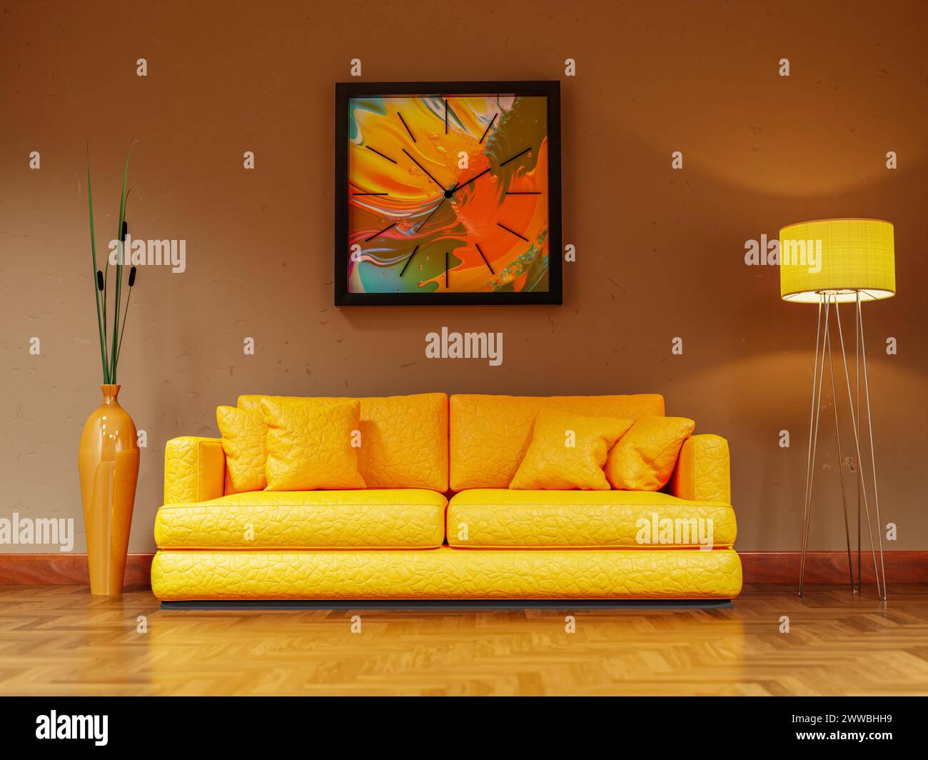 3D-Rendering der architektonischen Visualisierung eines modernen Wohnzimmers mit gelbem Ledersofa, Wanduhr, Stehlampe und Topfpflanze Stockfoto