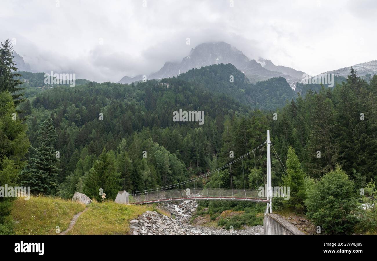 Moderne Brücke auf dem Torrent de la Creuse, nicht weit vom Blanc-Tunnel entfernt, im Sommer im Kiefernwald des Mont Blanc, Chamonix, Frankreich Stockfoto