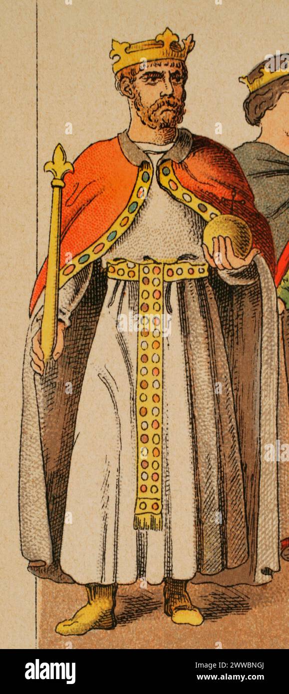 Friedrich Barbarossa (1122-1190). Römischer Kaiser (1155-1190). Chromolithographie. "Historia Universal", von César Cantú. Volumen V, 1884. Stockfoto