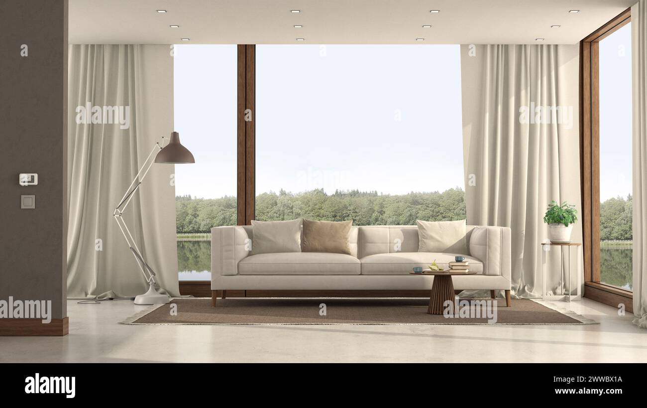 Elegantes Innendesign eines modernen Wohnzimmers mit großem Fenster und Blick auf eine ruhige Landschaft Stockfoto