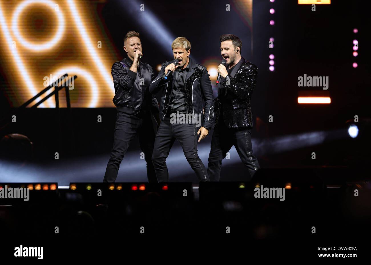 Die irische Popgruppe Westlife in Concert of Their Wild Dreams Tour 22. März 2024, Mexico City, Mexiko: Nicky Byrne, Shane Filan, Kian Egan Mitglieder der irischen Band Westlife treten während der Wild Dreams Tour in der Arena CDMX auf. Mexico City CMDX Mexiko Copyright: XLuisxMarinx Stockfoto