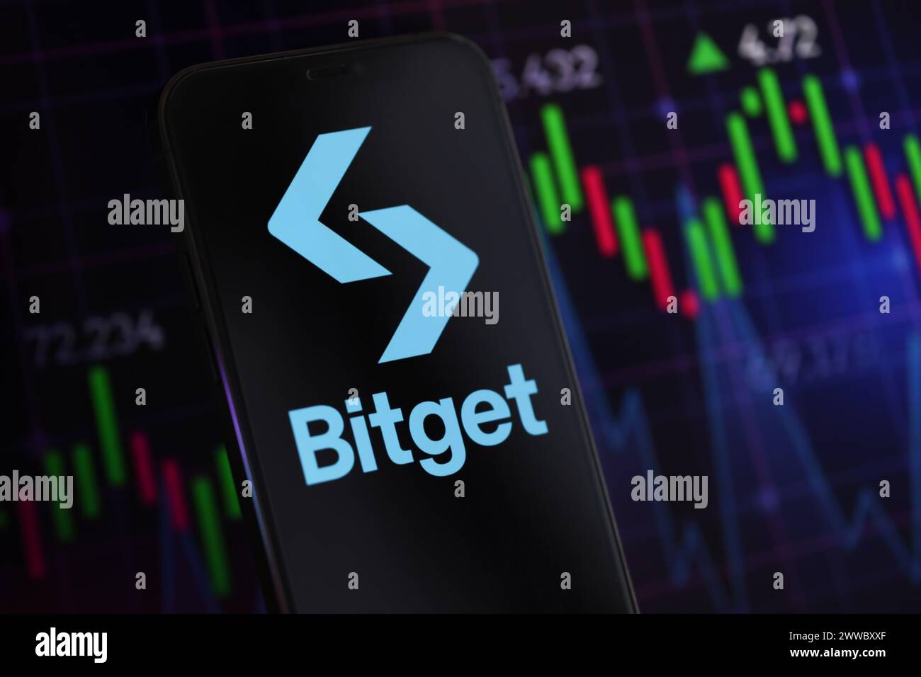 KIEW, UKRAINE - 15. MÄRZ 2024 Bitget-Logo auf dem iPhone-Display und Kryptowährungswertdiagrammen. Portal für den Austausch von Kryptowährungen Stockfoto