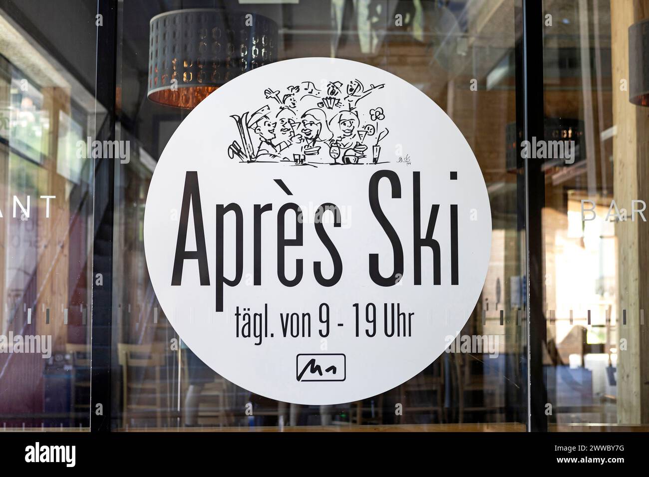 Schild, Apres Ski Stockfoto
