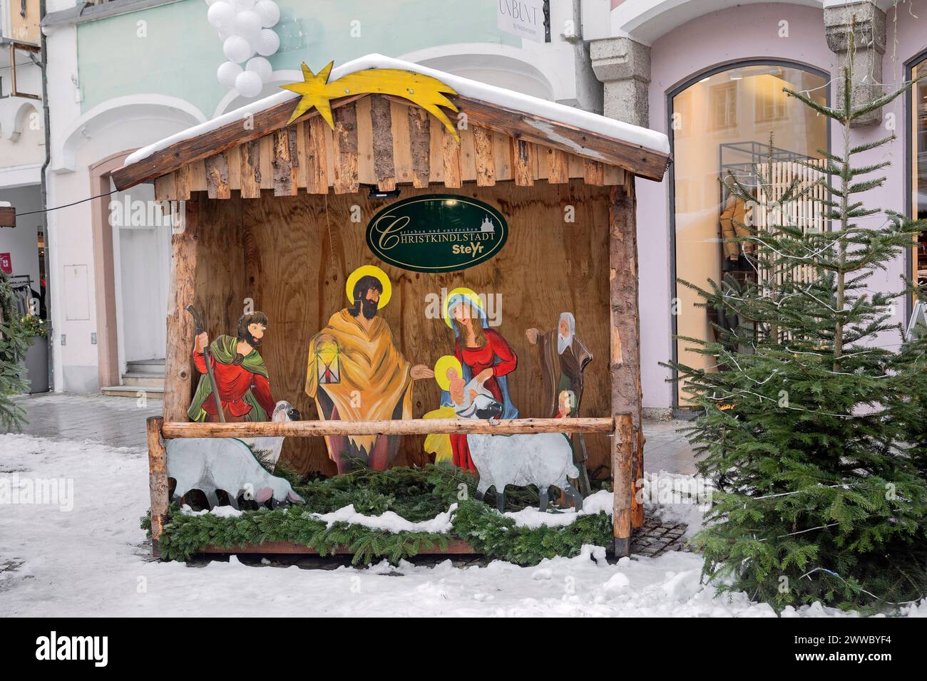 Weihnachtskrippe Auf Dem Stadtplatz In Steyr, Oberösterreich, Österreich Stockfoto