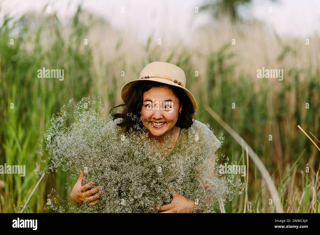 Fröhliche Frau, die einen Haufen gypsophila-Blumen auf dem Feld hält Stockfoto