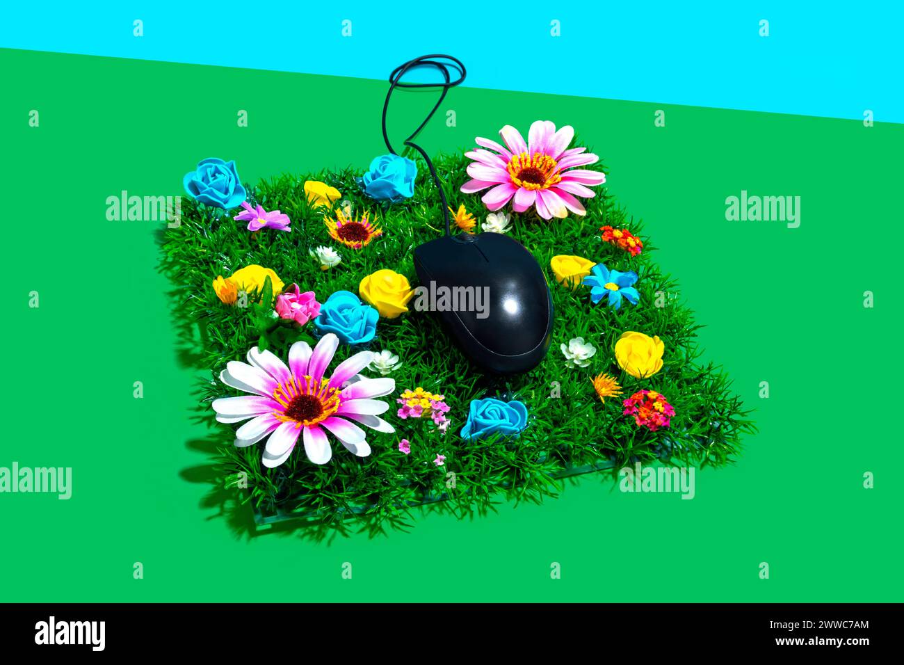 Bunte Blumen wachsen auf dem Mauspad vor lebendigem Hintergrund Stockfoto