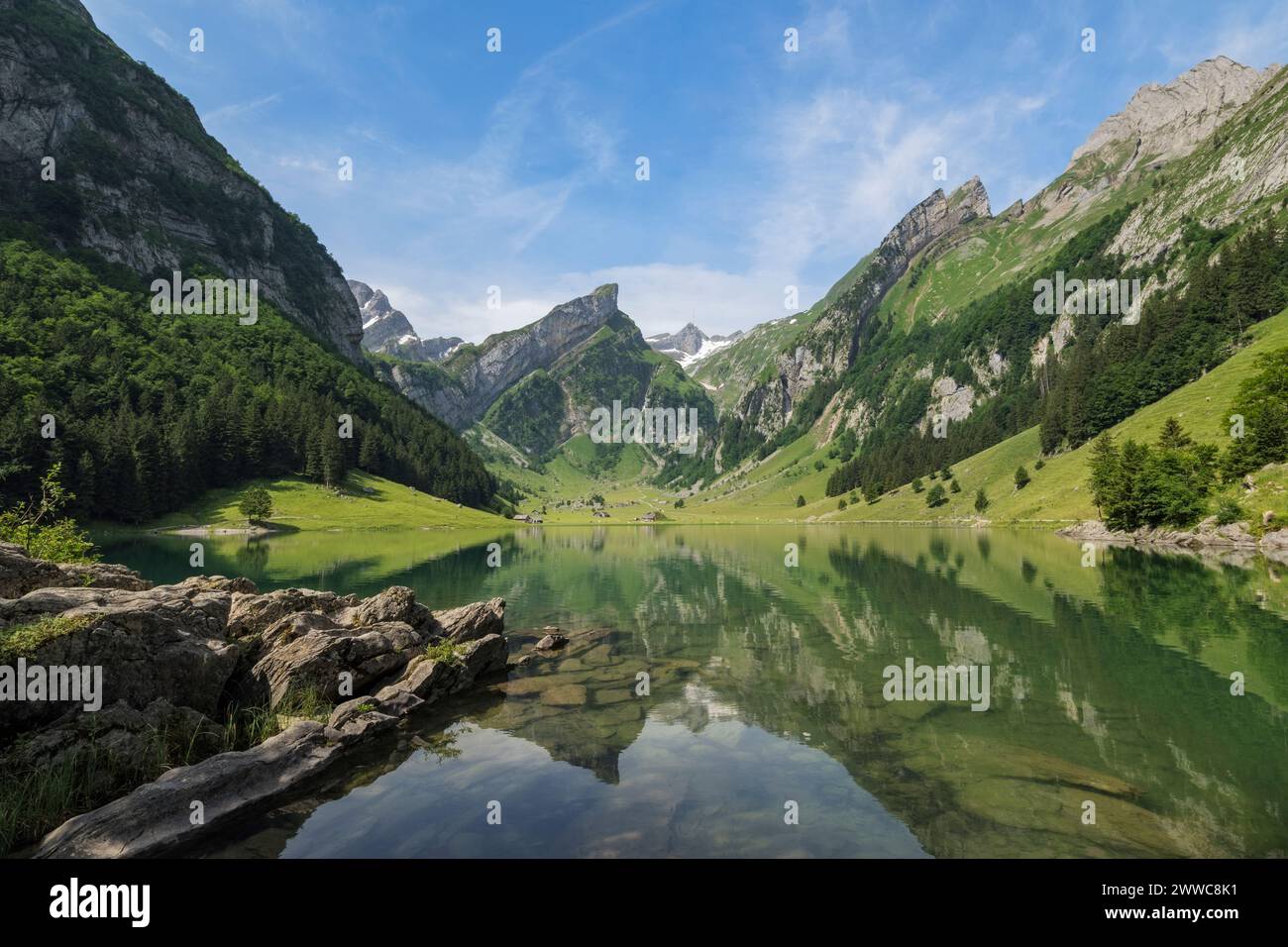 Schweiz, Appenzell Innerrhoden, Panoramablick auf den Seealpsee in den Appenzeller Alpen Stockfoto