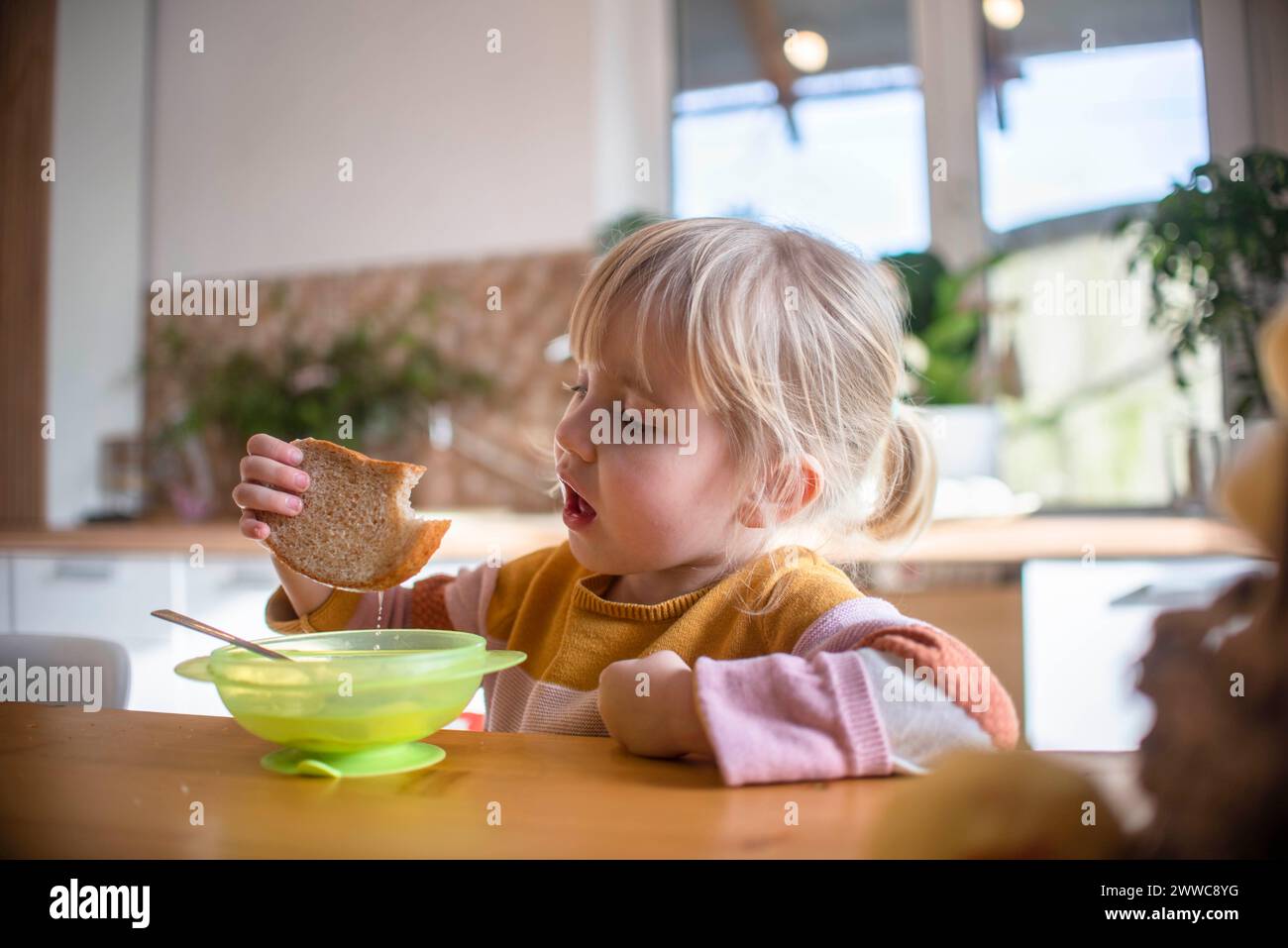 Das Mädchen isst Brot beim Frühstück zu Hause Stockfoto