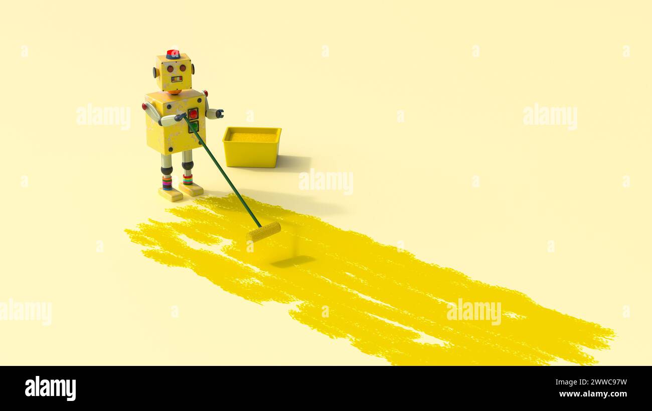 3D-Rendering des Spielzeugroboters, der große gelbe Flecken reinigt Stockfoto