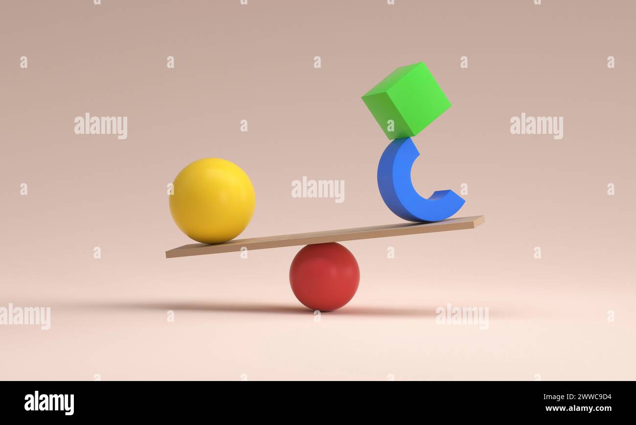 Farbformen in unmöglicher Balance über rosafarbenem Hintergrund Stockfoto