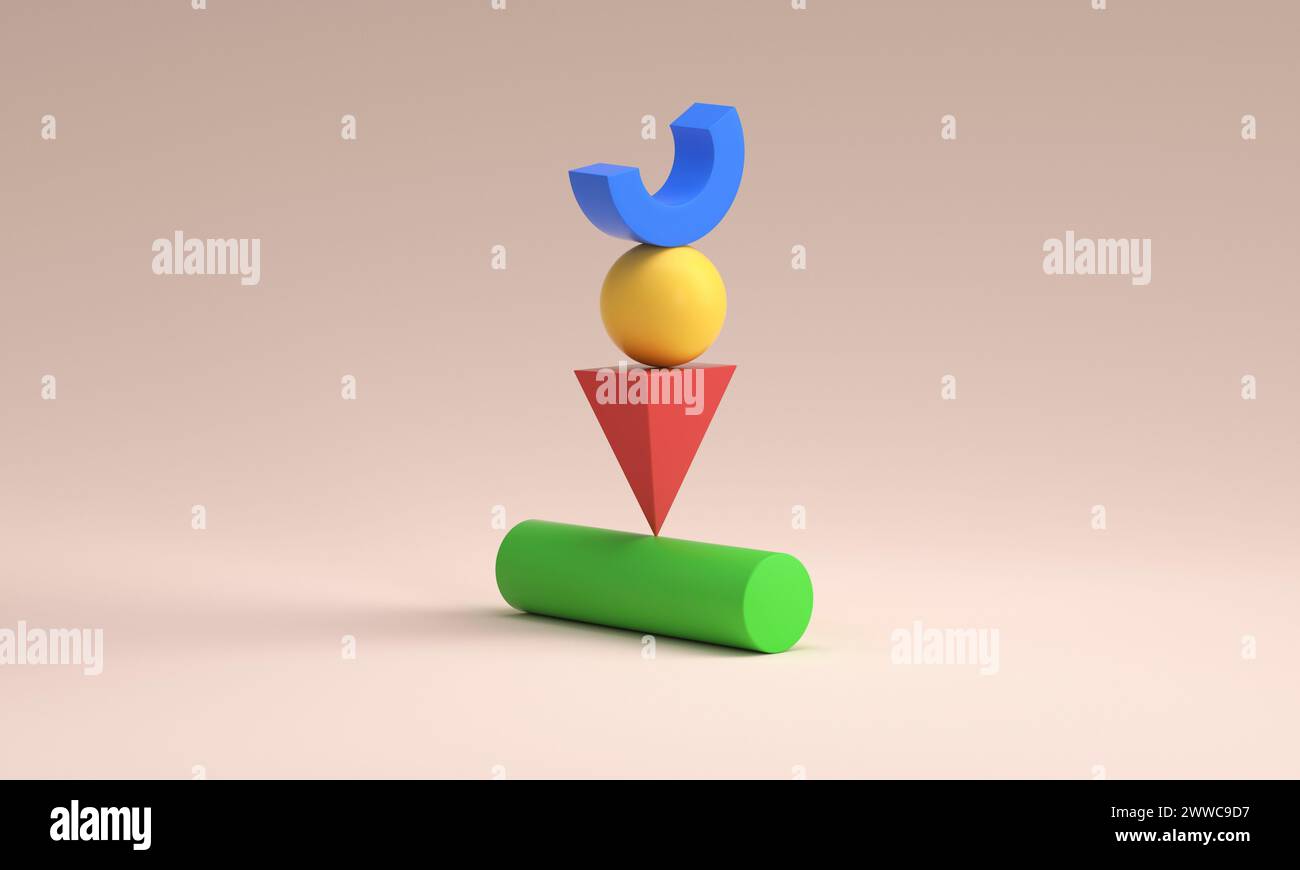 Geometrische Volumen in unmöglicher Balance stapeln sich übereinander über farbigem Hintergrund Stockfoto