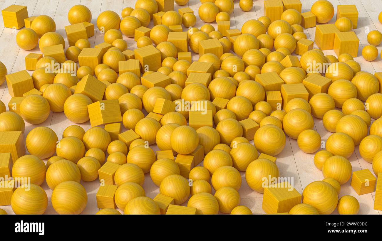 3D-Rendering von Holzkugeln und -Würfeln Stockfoto