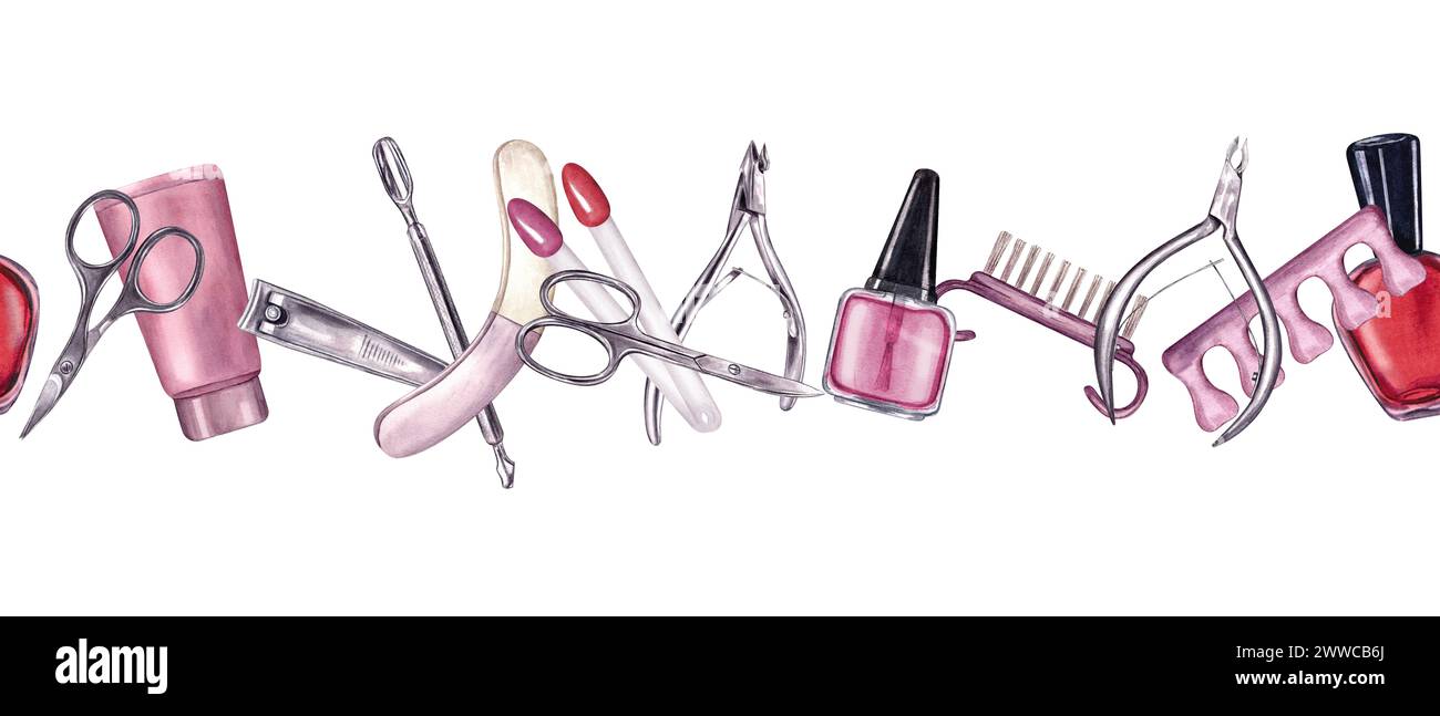 Maniküre-Werkzeuge in rosa Farben. Nahtloser Rand. nagellack, Farbpalette, Creme. Nagelschneider aus Stahl, Nagelhautschere, Haarschneider, Bürste und Feile. Stockfoto