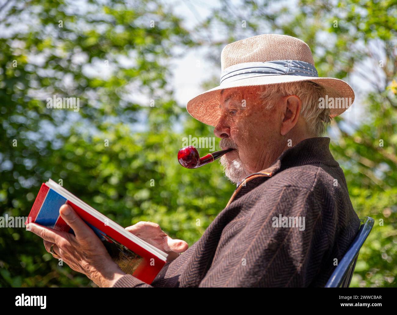 Senior Mann raucht Pfeife und liest Buch im Garten Stockfoto