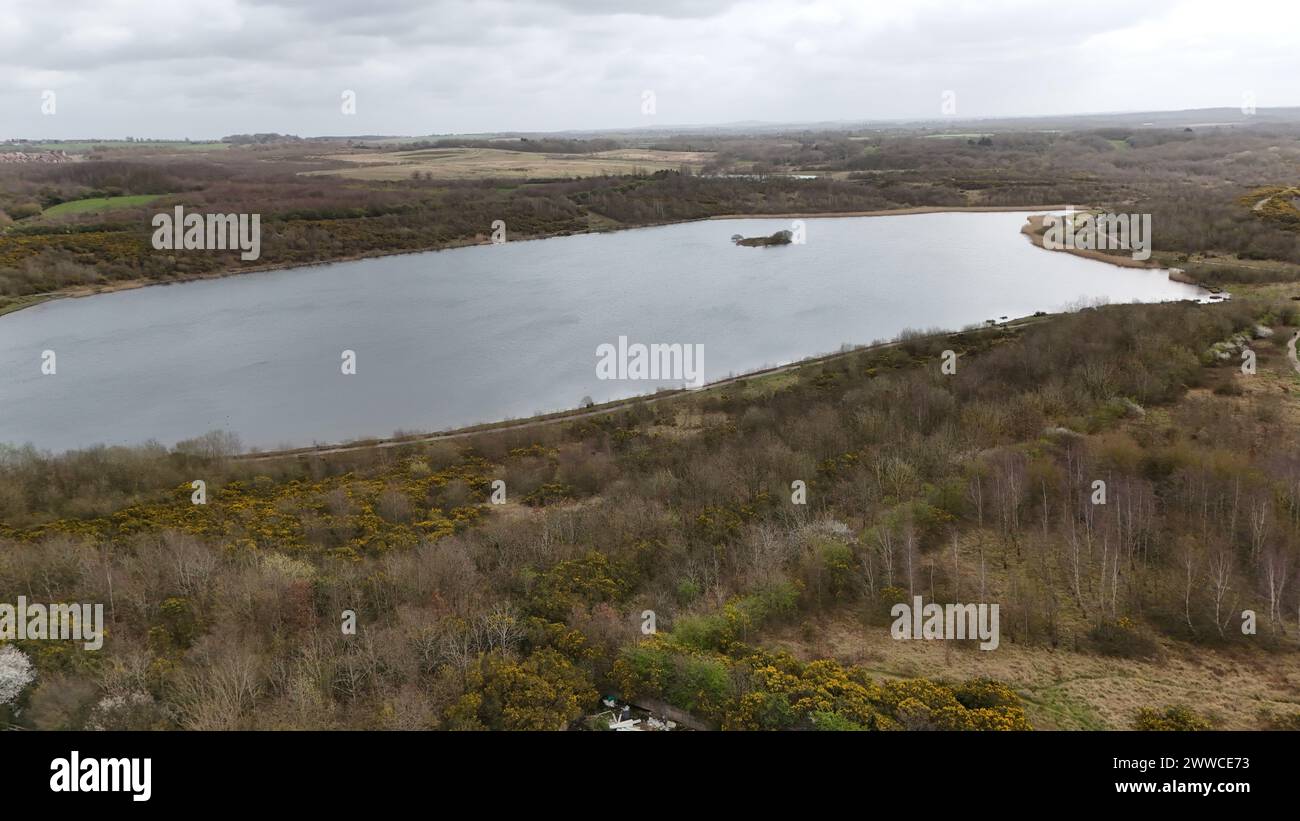Ein Blick aus der Vogelperspektive auf einen See, der von blattlosen Bäumen umgeben ist Stockfoto