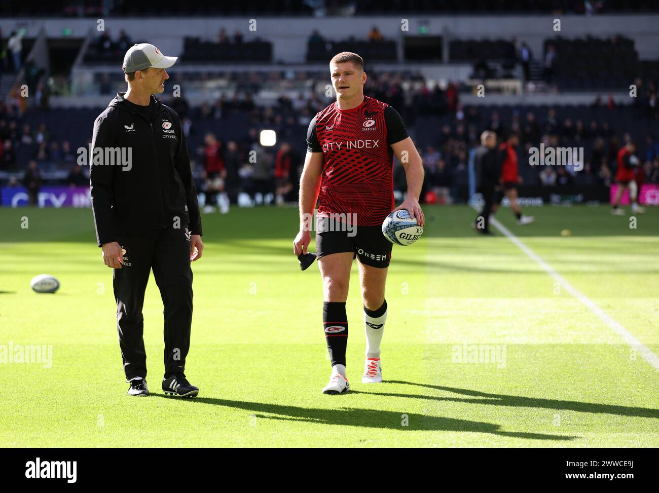 Saracens' Owen Farrell bereitet sich vor dem Gallagher Premiership-Spiel im Tottenham Hotspur Stadium in London auf. Bilddatum: Samstag, 23. März 2024. Stockfoto