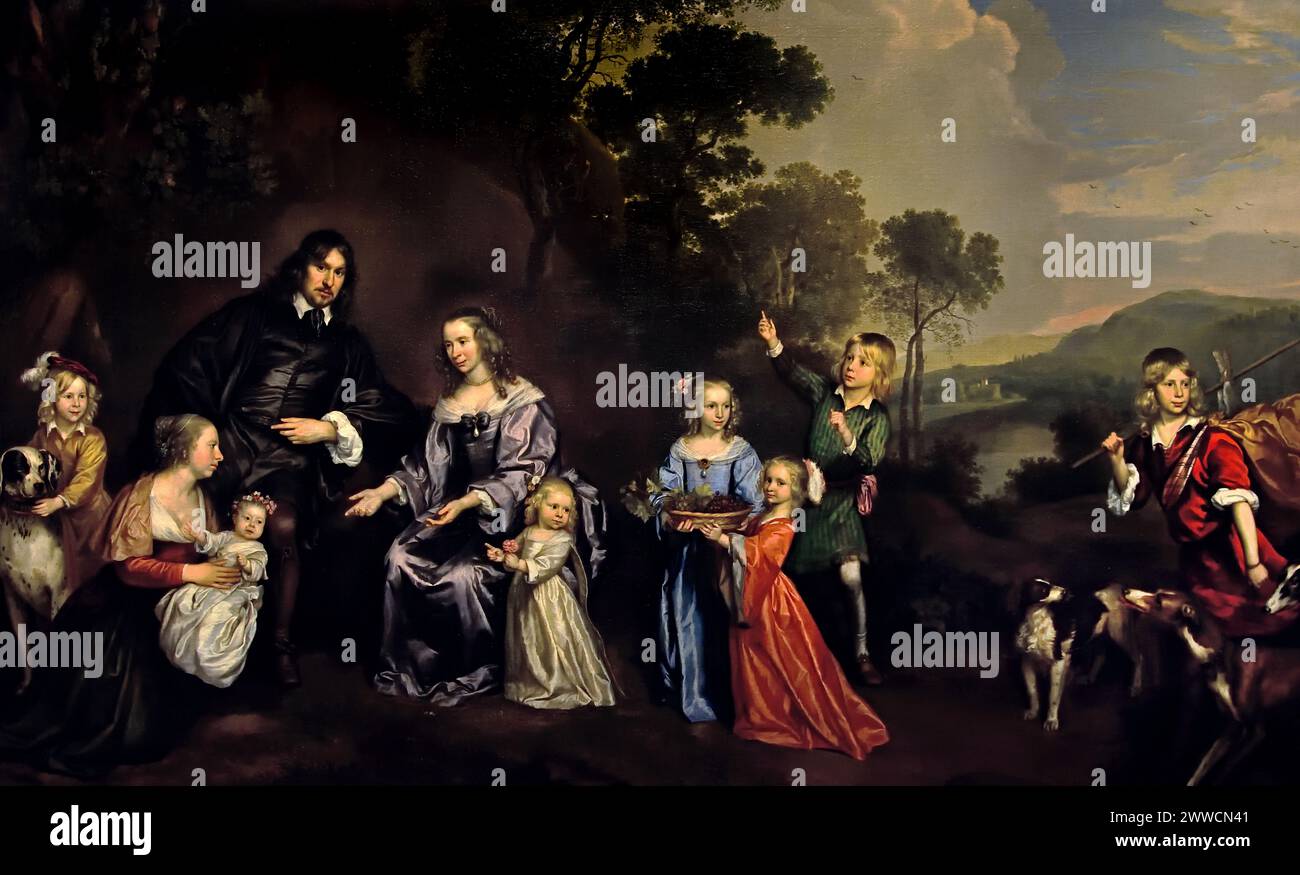 Willem van der Does mit Frau und Kindern von Johannes Mijtens 1650 Museum Mayer van den Bergh, Antwerpen, Belgien, Belgien. Stockfoto
