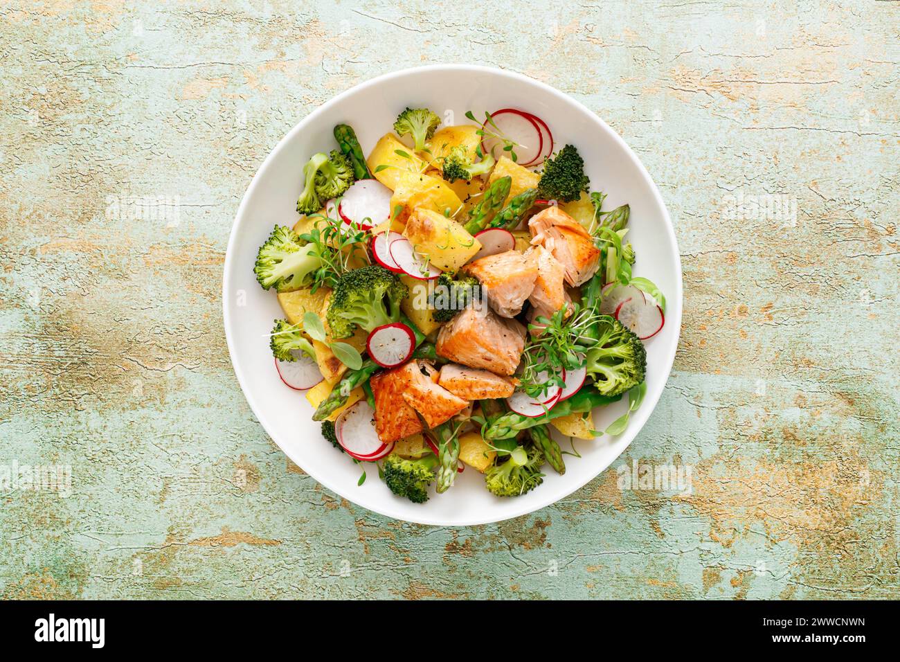 Lachs- und Kartoffelsalat mit Spargel, Brokkoli und Rettich, Blick von oben Stockfoto