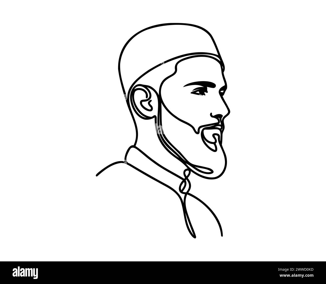Durchgehende einzeilige Zeichnung des muslimischen Mannes. Stock Vektor