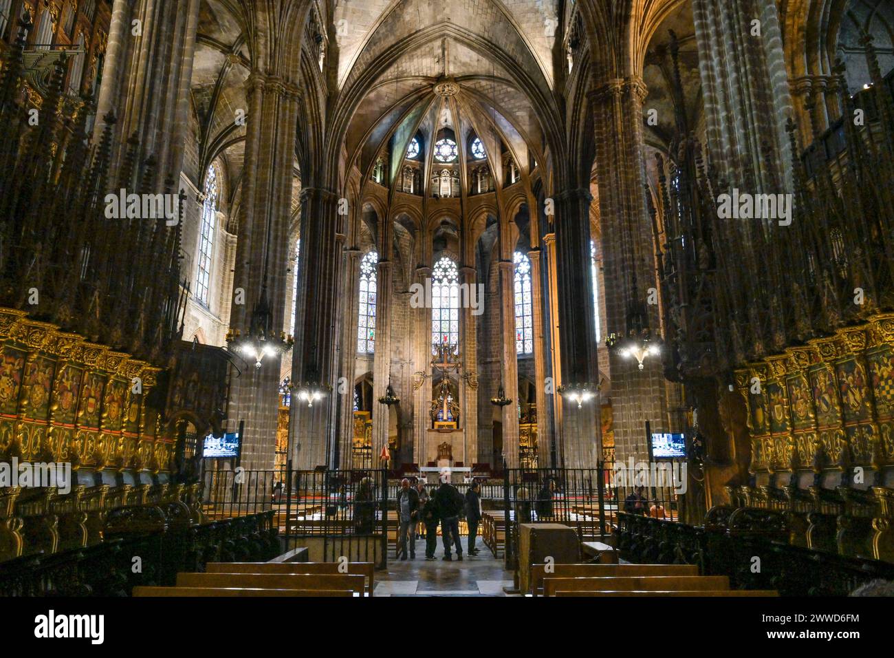 Hauptchor mit Chorgestühl von Pere Ãa Anglada, Kathedrale, Catedral de la Santa Creu i Santa Eulalia, Barcelona, Katalonien, Spanien *** Hauptchor mit Chorbuden von Pere Ãa Anglada, Kathedrale, Catedral de la Santa Creu i Santa Eulalia, Barcelona, Katalonien, Spanien Stockfoto