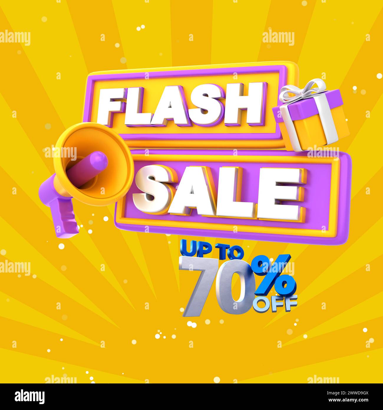 Flash-Angebot. Werbebanner mit 70 Prozent Rabatt. Sonderangebot zeitlich begrenzt. Erhalten Sie eine Einladung zu zusätzlichen Rabatten. Werbeplakat, Gutschein oder Vouc Stock Vektor