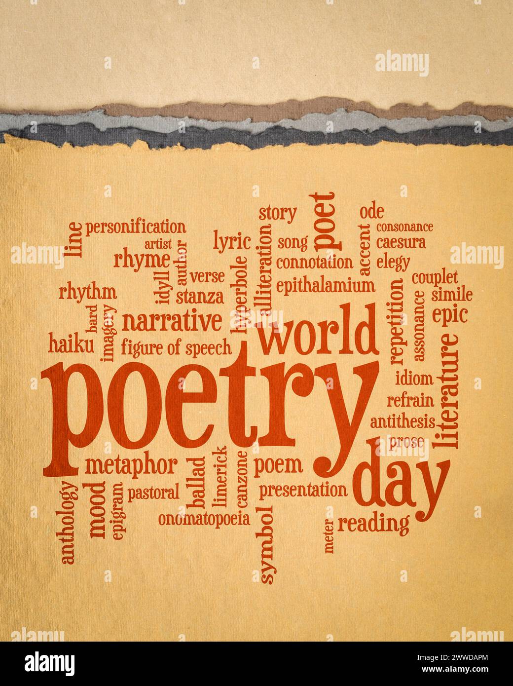 World Poetry Day - Wortwolke auf Kunstpapier, vertikales Poster Stockfoto