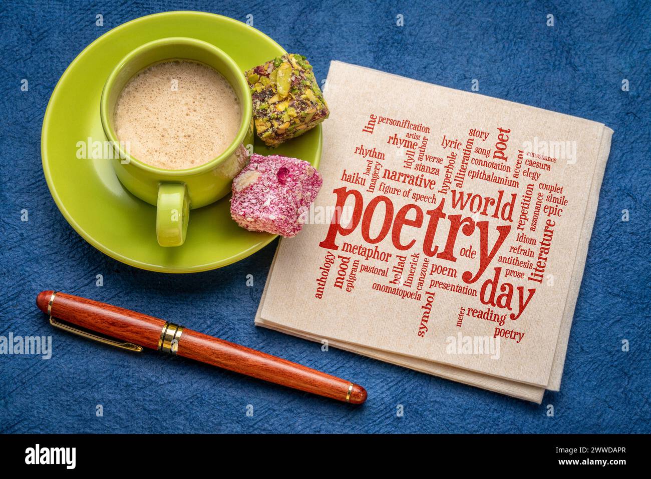 World Poetry Day - Wortwolke auf einer Serviette mit Kaffee, Kulturveranstaltung Stockfoto