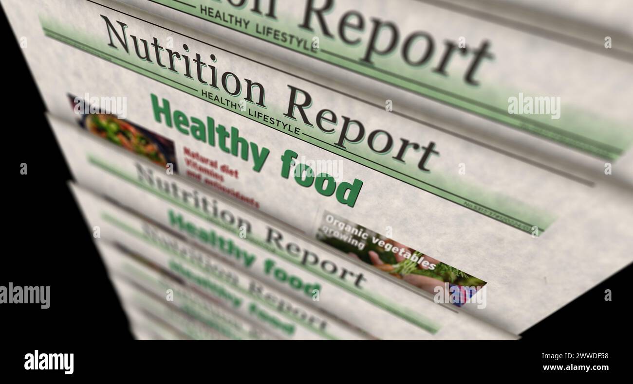 Gesunde Lebensmittel und natürliche Ernährung Vintage Nachrichten und Zeitungsdruck. Abstraktes Konzept Retro-Schlagzeilen 3D-Illustration. Stockfoto