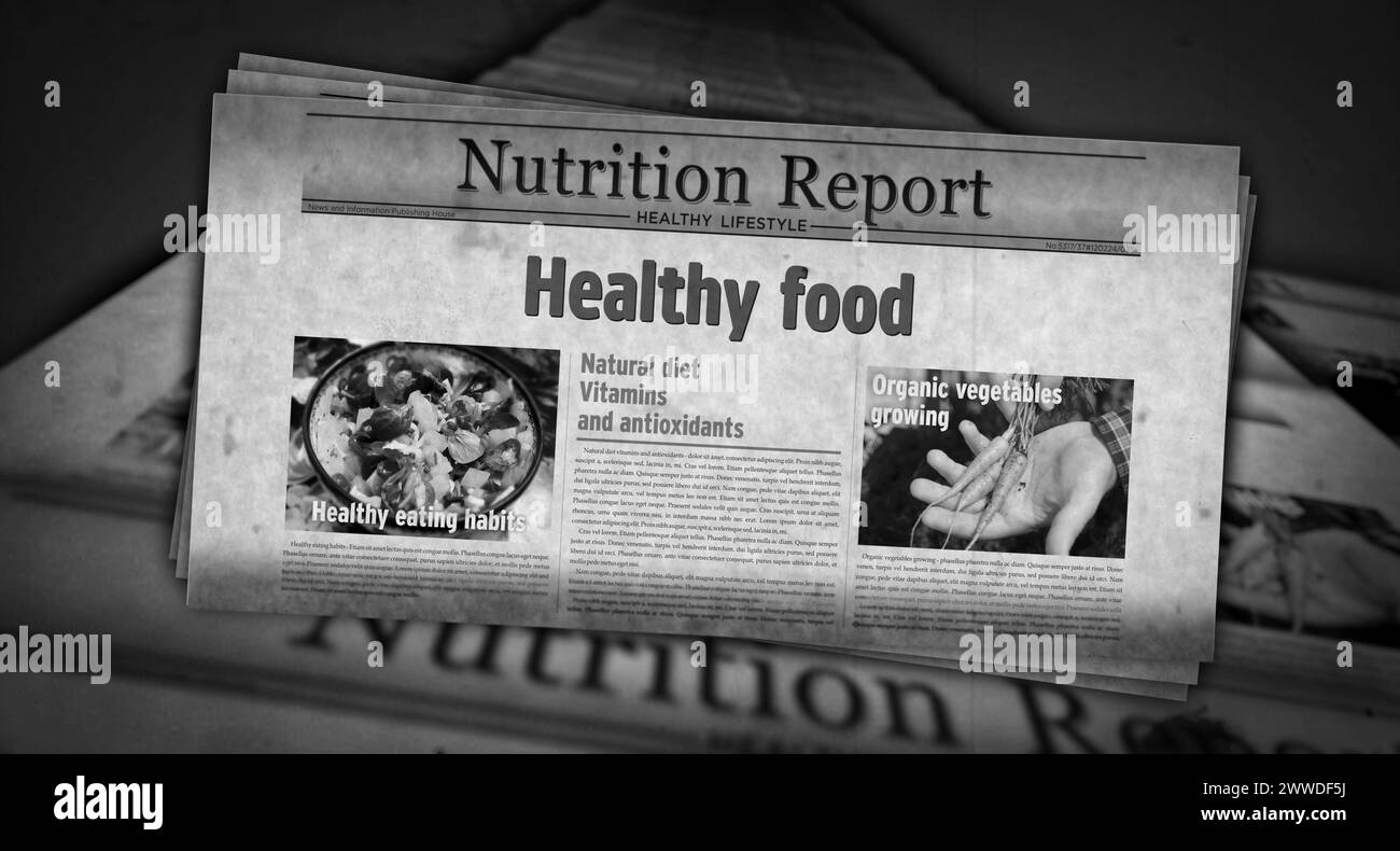 Gesunde Lebensmittel und natürliche Ernährung Vintage Nachrichten und Zeitungsdruck. Abstraktes Konzept Retro-Schlagzeilen 3D-Illustration. Stockfoto