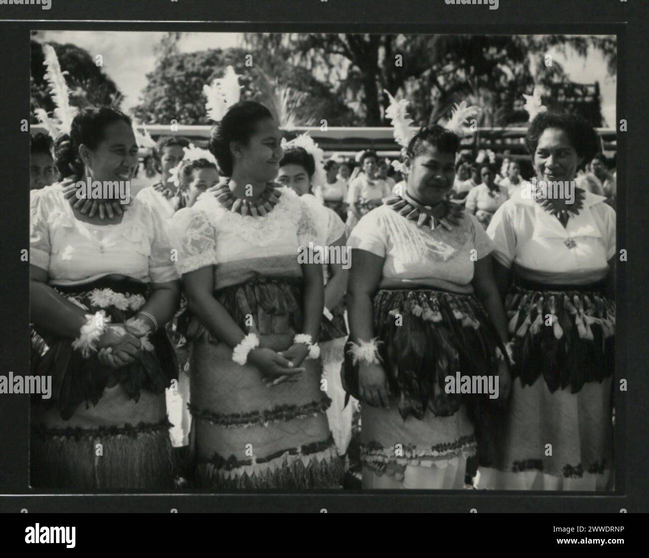 Beschreibung: Coy Tongan Frauen, die zum Tanzen der Iskalaka gekleidet sind, warten auf ihre Teilnahme an der mala'e Sie tragen Tauvalas des feinen Webpaares, die mit scharlachroten Parekeetfedern verziert sind, über denen sich Gurt aus Dracsens-Blättern befinden. Ort: Tonga tonga, australasien, ozeanien, Australasiathroughalens Stockfoto