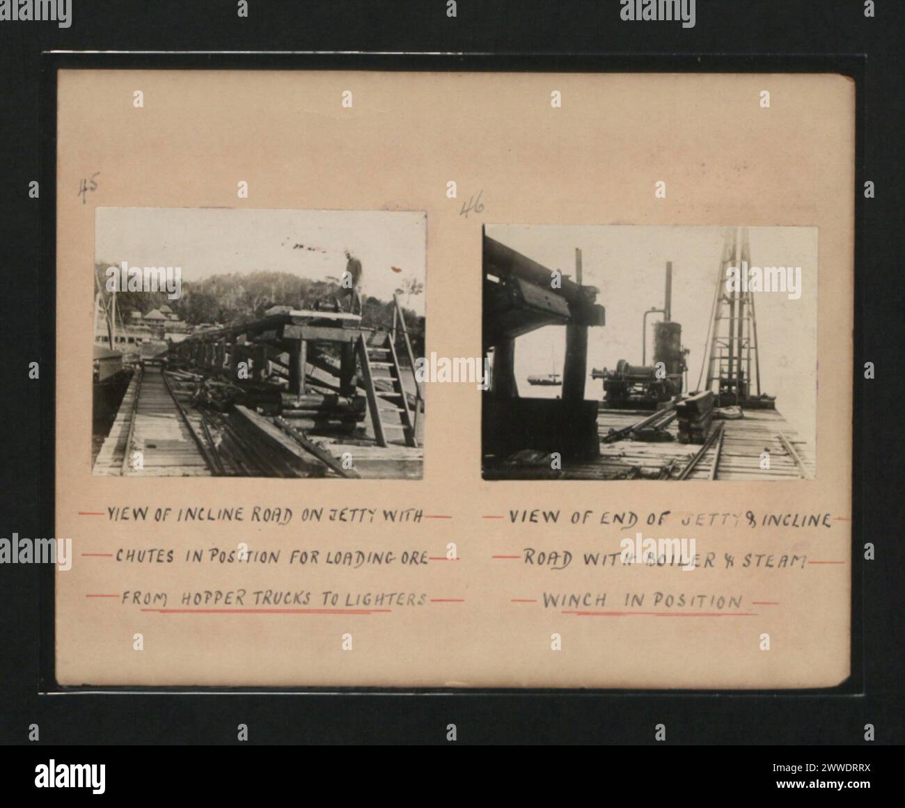 Beschreibung: Ansicht der Incline Road auf dem Jetty mit Rutschen in Position zum Verladen von Erz von Hopper Trucks zu Feuerzeugen Ort: Borneo Beschreibung: Ansicht des Endes der Jetty & Inline Road mit Kessel & Dampfwinde in Position Position Lage: Borneo asia, malaysia, borneo, sabah, asiathroughalens Stockfoto