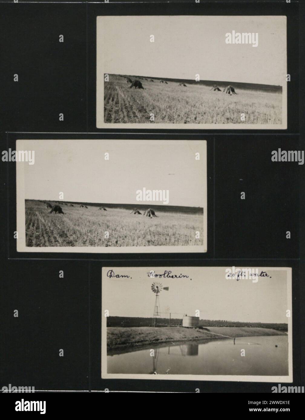 Ein Damm in Koolberin, Western Australia, ist dargestellt, der 20 Fuß Wasser hält. Diese Infrastruktur war für die Bereitstellung einer zuverlässigen Wasserquelle für landwirtschaftliche Tätigkeiten, insbesondere unter den trockenen Bedingungen in der Region Wheatbelt, von entscheidender Bedeutung. Stockfoto