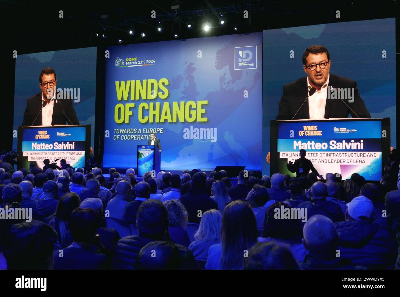 Rom, Italien. März 2024. Matteo Salvini, Vorsitzender der Lega-Partei, spricht am 23. März 2024 in Rom. Salvini war Vorsitzender der Konvention für Identität und Demokratie, einer Fraktion, die die rechten Parteien im Europäischen Parlament, einschließlich der italienischen Lega per Salvini, zusammenbringt. (Foto: Elisa Gestri/SIPA USA) Credit: SIPA USA/Alamy Live News Stockfoto